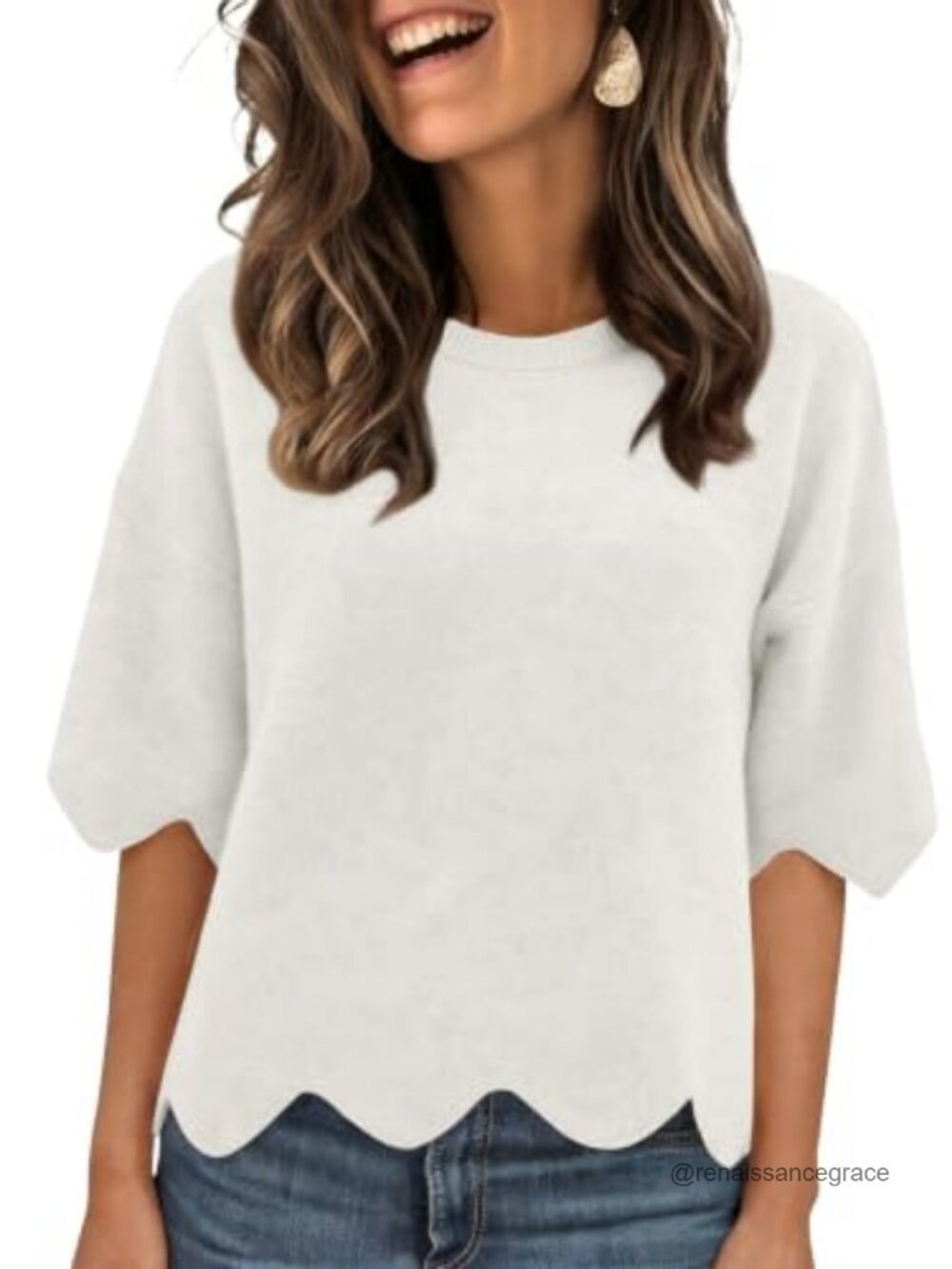 Women's Oversized Scalloped Cropped Sweater Short Sleeve Lightweight Knit